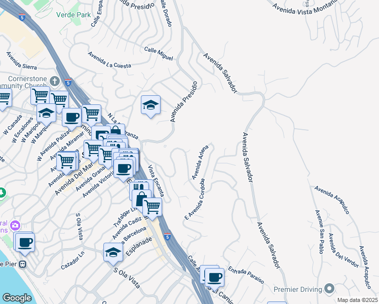 map of restaurants, bars, coffee shops, grocery stores, and more near 249 South La Esperanza in San Clemente