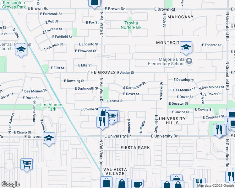 map of restaurants, bars, coffee shops, grocery stores, and more near 3663 East Dover Street in Mesa