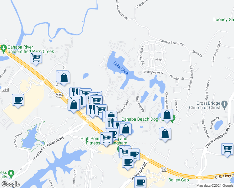 map of restaurants, bars, coffee shops, grocery stores, and more near 4606 Heatherbrooke Road in Birmingham