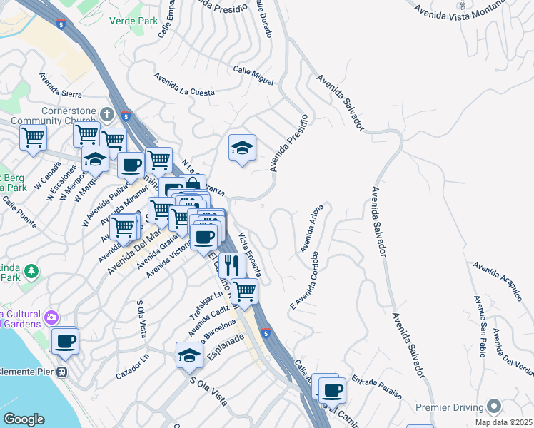 map of restaurants, bars, coffee shops, grocery stores, and more near 229 South La Esperanza in San Clemente