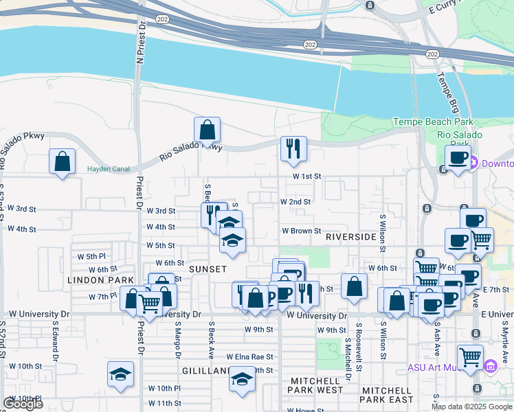 map of restaurants, bars, coffee shops, grocery stores, and more near 206 South Westfall Avenue in Tempe