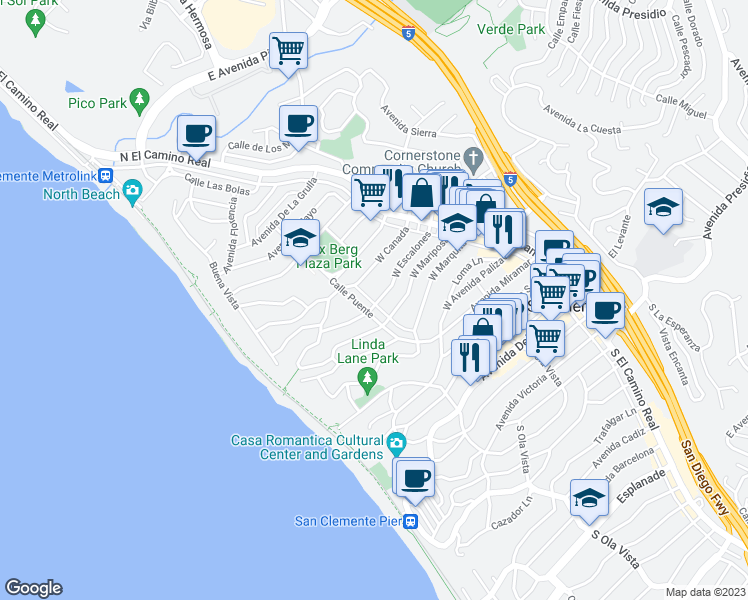 map of restaurants, bars, coffee shops, grocery stores, and more near 158 West Escalones in San Clemente