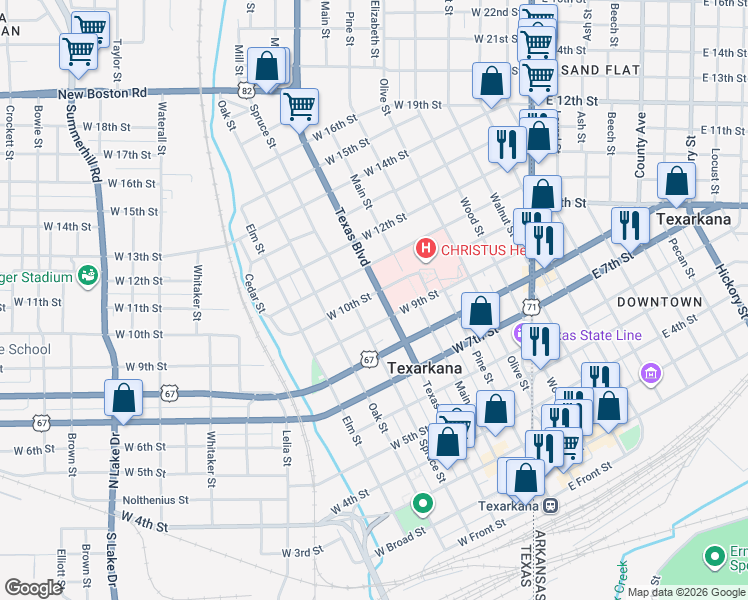 map of restaurants, bars, coffee shops, grocery stores, and more near 921 Texas Boulevard in Texarkana