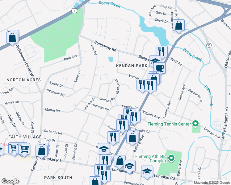 map of restaurants, bars, coffee shops, grocery stores, and more near 2518 Rhodes Drive in Augusta