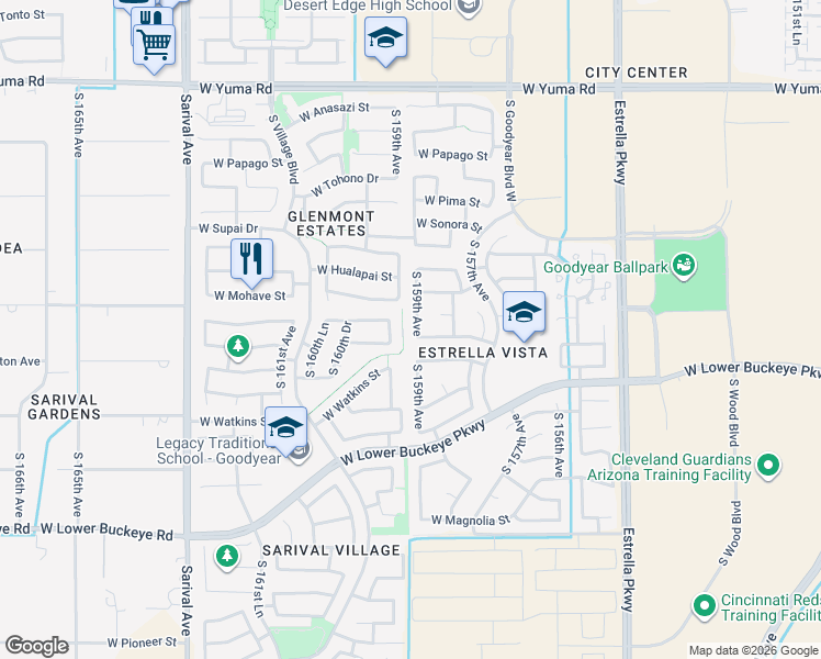 map of restaurants, bars, coffee shops, grocery stores, and more near 2051 South 159th Lane in Goodyear
