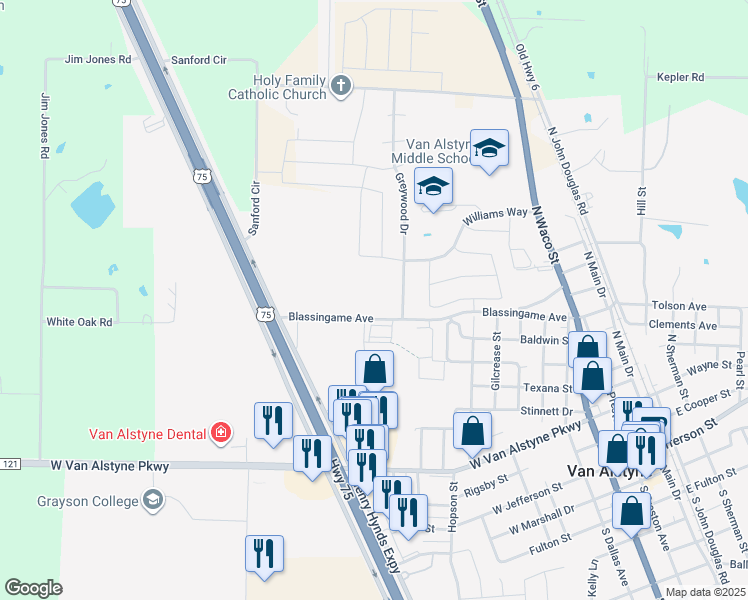 map of restaurants, bars, coffee shops, grocery stores, and more near 870 Blassingame Avenue in Van Alstyne