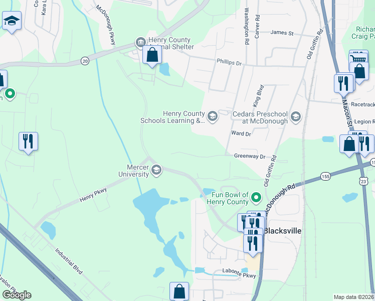 map of restaurants, bars, coffee shops, grocery stores, and more near 230 Greenway Drive in McDonough