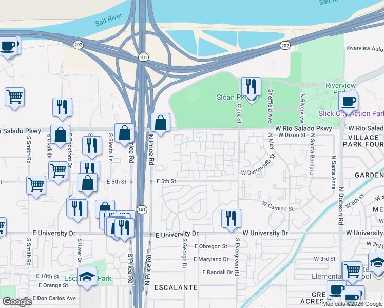 map of restaurants, bars, coffee shops, grocery stores, and more near 2402 East 5th Street in Tempe