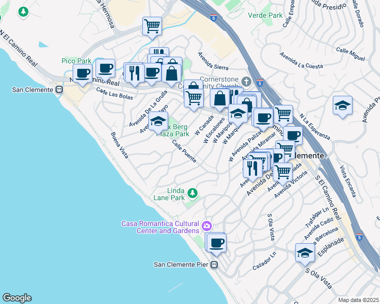 map of restaurants, bars, coffee shops, grocery stores, and more near 815 Calle Puente in San Clemente