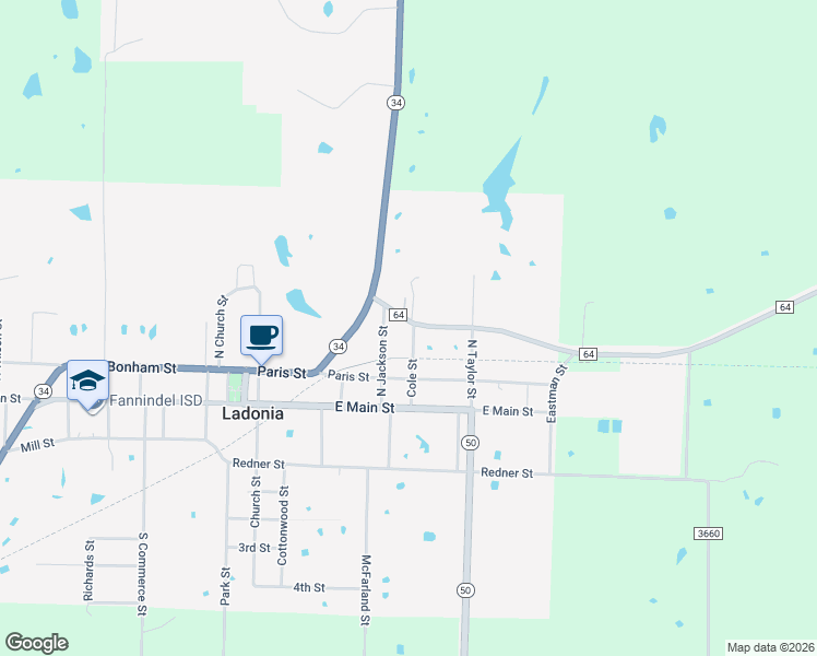 map of restaurants, bars, coffee shops, grocery stores, and more near 704 Cole Street in Ladonia
