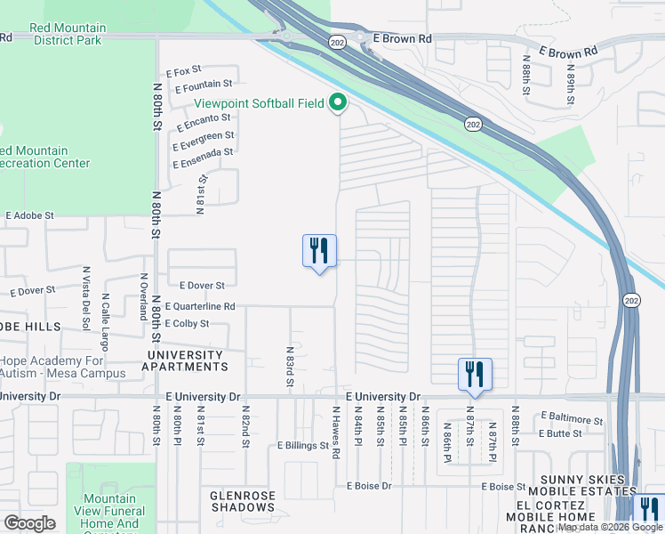 map of restaurants, bars, coffee shops, grocery stores, and more near Ln 2700 in Mesa