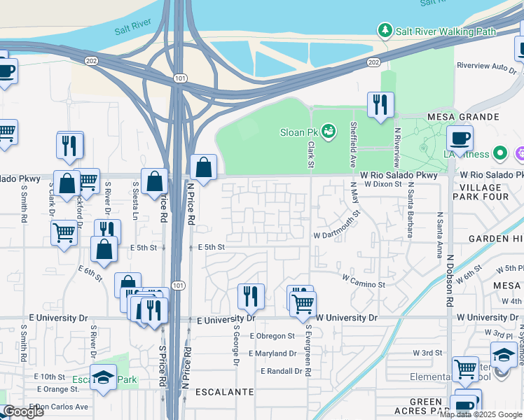 map of restaurants, bars, coffee shops, grocery stores, and more near 2402 East 5th Street in Tempe