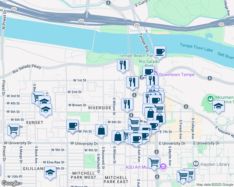 map of restaurants, bars, coffee shops, grocery stores, and more near 305 South Wilson Street in Tempe