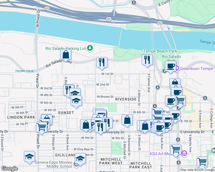 map of restaurants, bars, coffee shops, grocery stores, and more near 818 West 3rd Street in Tempe