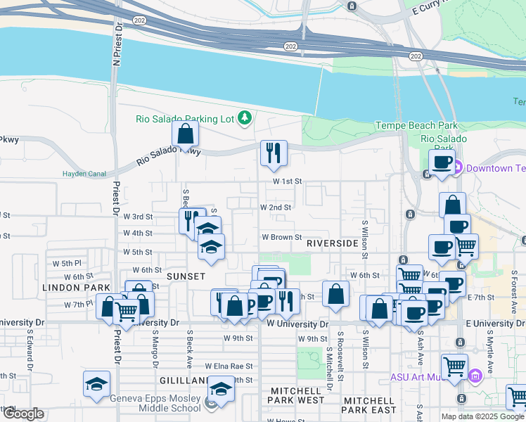 map of restaurants, bars, coffee shops, grocery stores, and more near 1003 West 2nd Street in Tempe