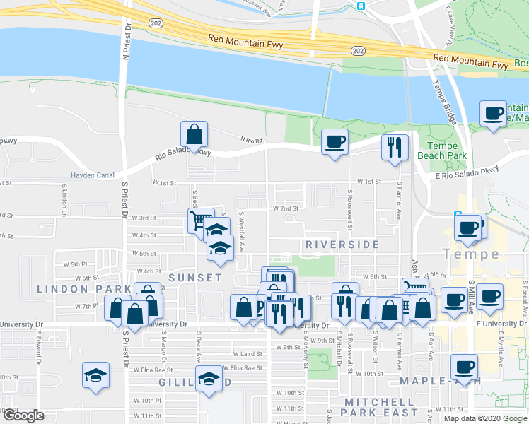 map of restaurants, bars, coffee shops, grocery stores, and more near 1003 West 2nd Street in Tempe