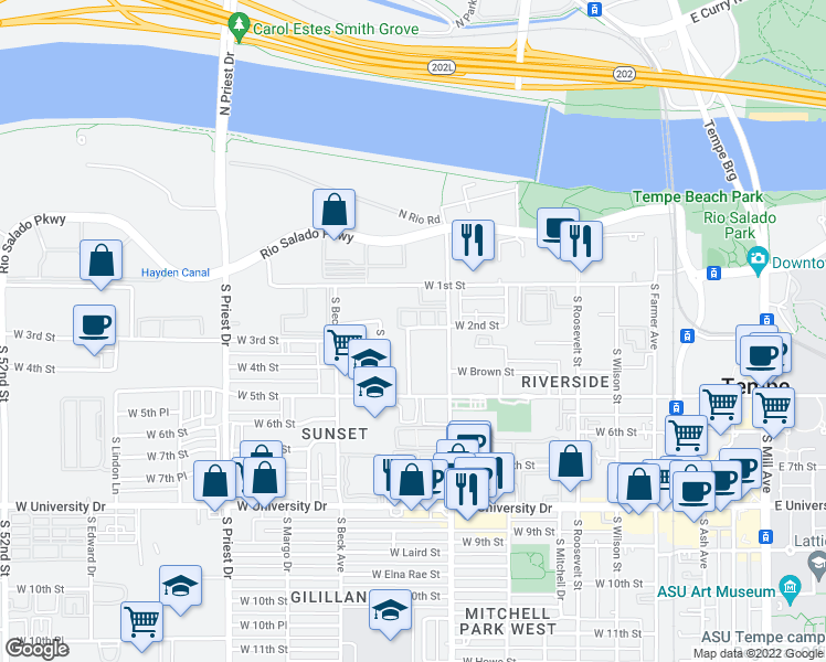 map of restaurants, bars, coffee shops, grocery stores, and more near 206 South Westfall Avenue in Tempe