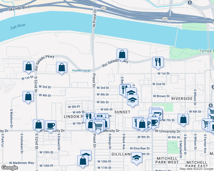 map of restaurants, bars, coffee shops, grocery stores, and more near 8 Apartment in Tempe