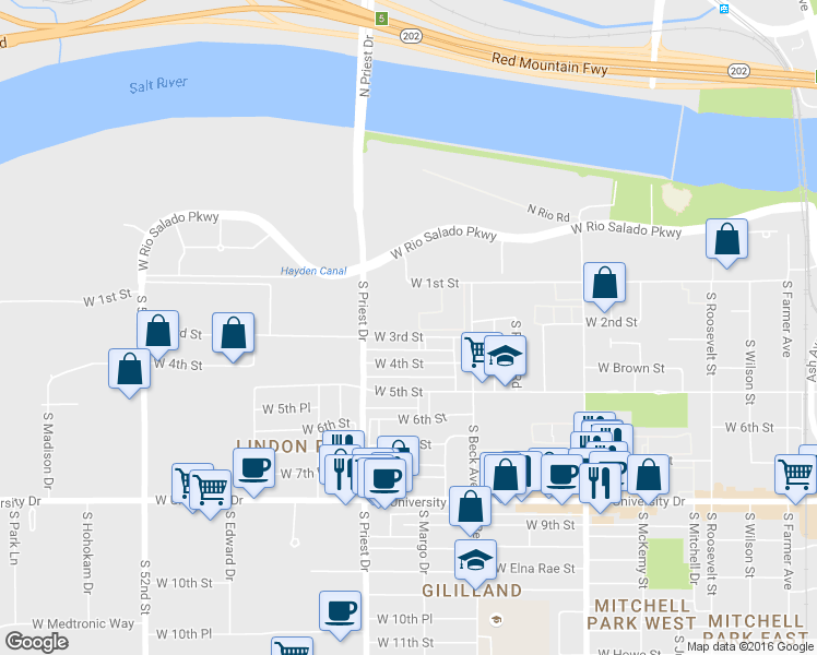 map of restaurants, bars, coffee shops, grocery stores, and more near 8 Apartment in Tempe