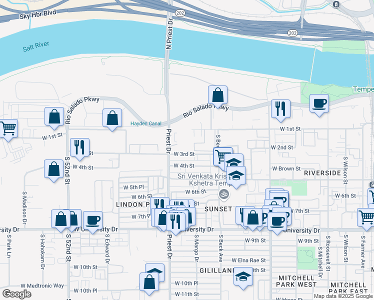 map of restaurants, bars, coffee shops, grocery stores, and more near 2355 South Priest Drive in Tempe