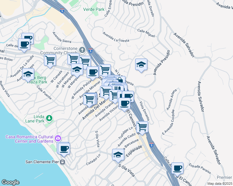 map of restaurants, bars, coffee shops, grocery stores, and more near in San Clemente