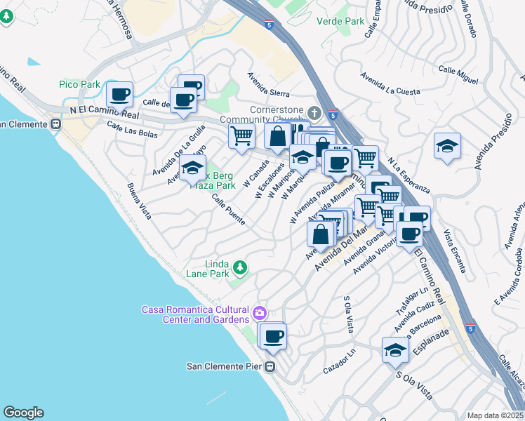 map of restaurants, bars, coffee shops, grocery stores, and more near 148 West Marquita in San Clemente