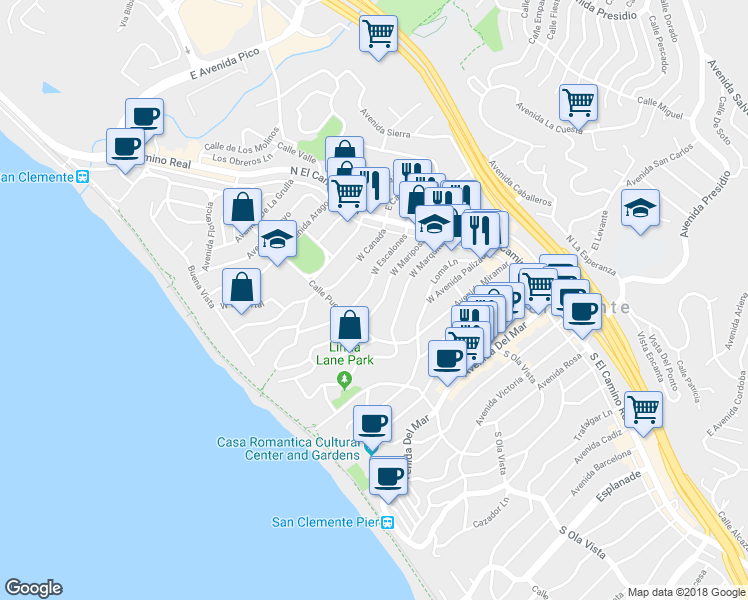 map of restaurants, bars, coffee shops, grocery stores, and more near 155 West Escalones in San Clemente