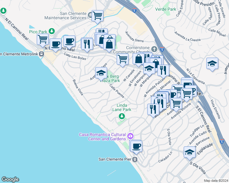 map of restaurants, bars, coffee shops, grocery stores, and more near in San Clemente