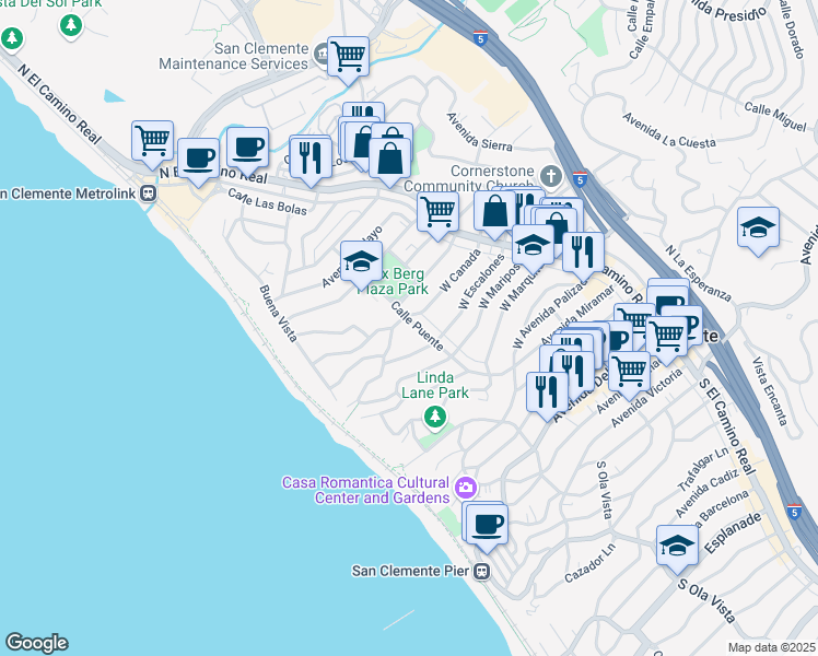 map of restaurants, bars, coffee shops, grocery stores, and more near 815 Calle Puente in San Clemente