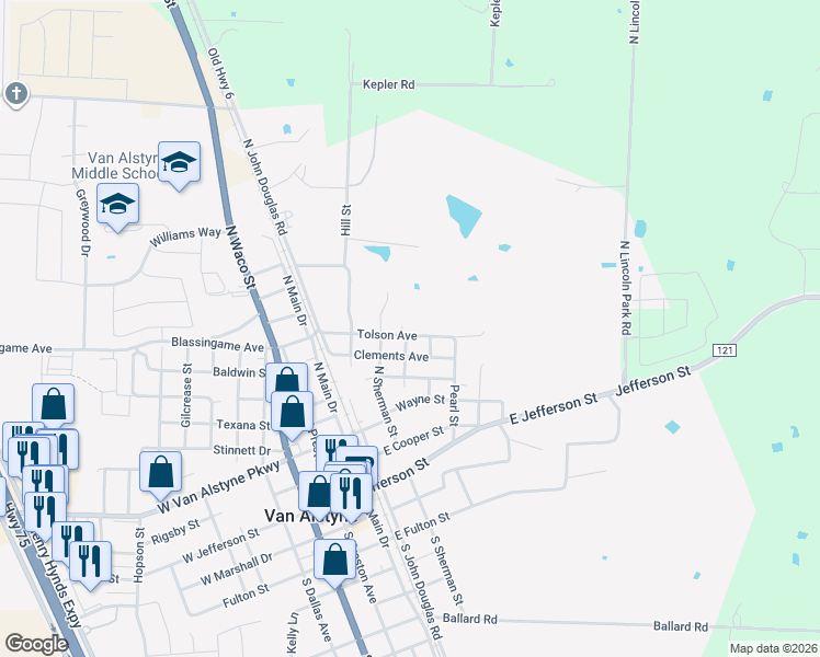 map of restaurants, bars, coffee shops, grocery stores, and more near 716 Tolson Avenue in Van Alstyne