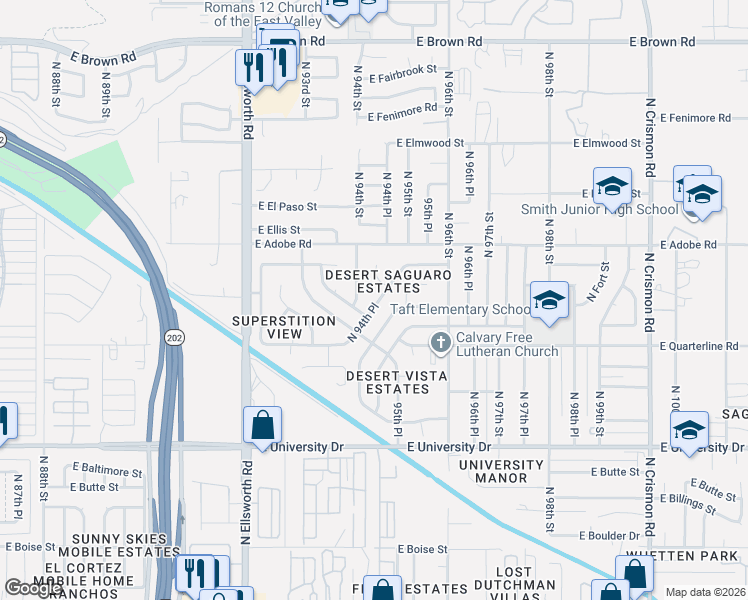 map of restaurants, bars, coffee shops, grocery stores, and more near 658 North 94th Place in Mesa