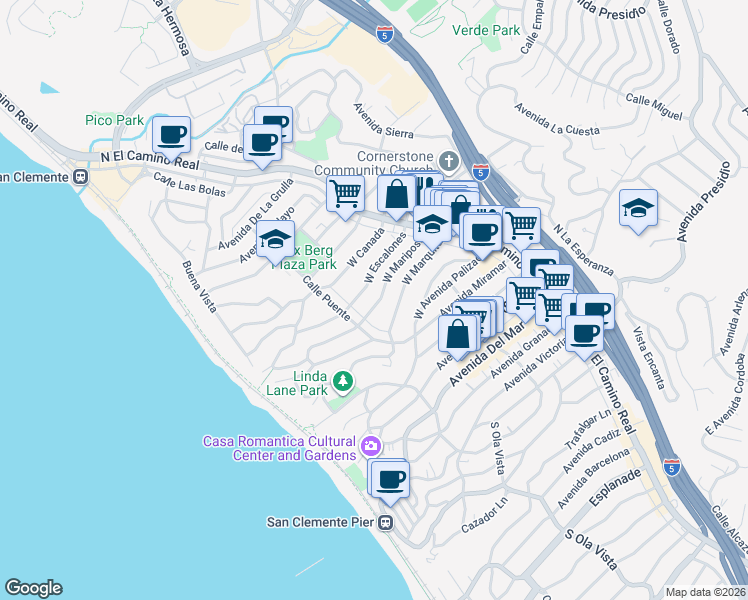 map of restaurants, bars, coffee shops, grocery stores, and more near 152 West Mariposa in San Clemente