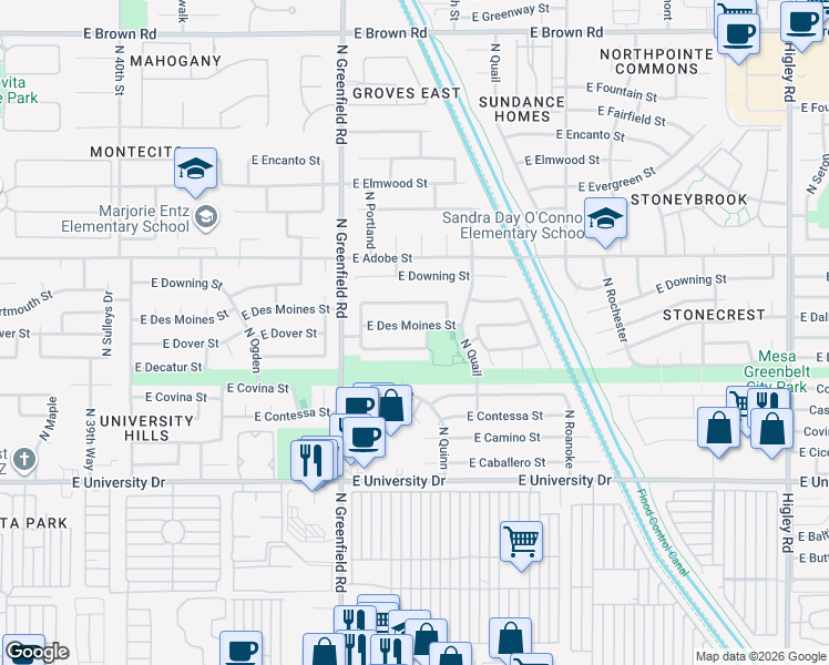 map of restaurants, bars, coffee shops, grocery stores, and more near 4521 East Des Moines Street in Mesa
