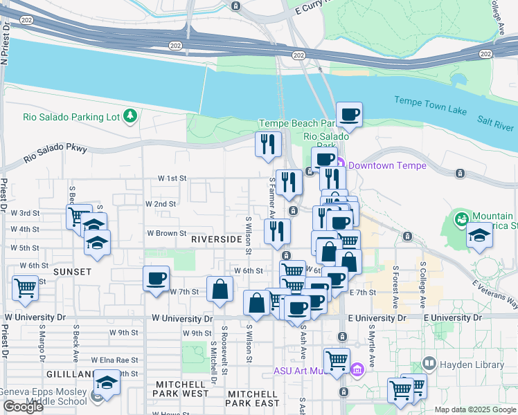 map of restaurants, bars, coffee shops, grocery stores, and more near 305 South Wilson Street in Tempe