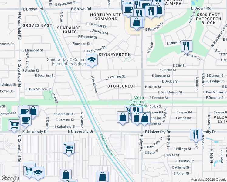 map of restaurants, bars, coffee shops, grocery stores, and more near 5009 East Dallas Street in Mesa