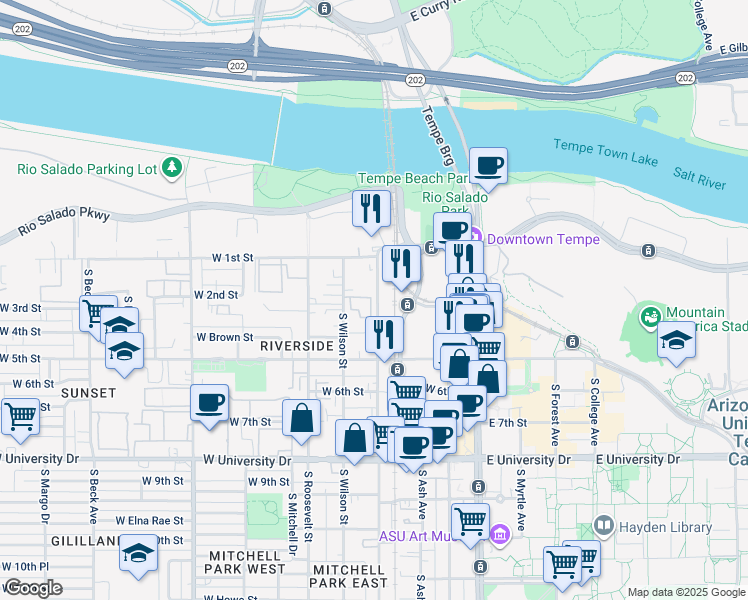 map of restaurants, bars, coffee shops, grocery stores, and more near 330 South Farmer Avenue in Tempe
