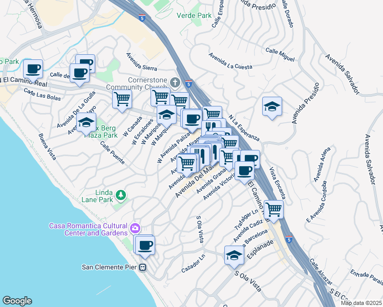 map of restaurants, bars, coffee shops, grocery stores, and more near 152 Avenida Serra in San Clemente