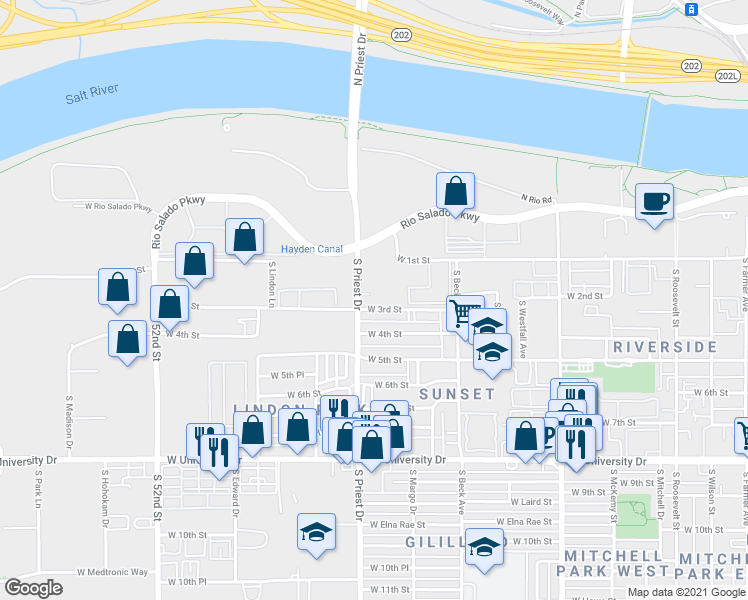 map of restaurants, bars, coffee shops, grocery stores, and more near 2355 South Priest Drive in Tempe