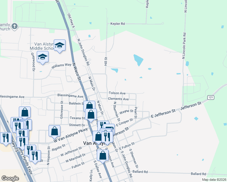 map of restaurants, bars, coffee shops, grocery stores, and more near 578 Tolson Avenue in Van Alstyne