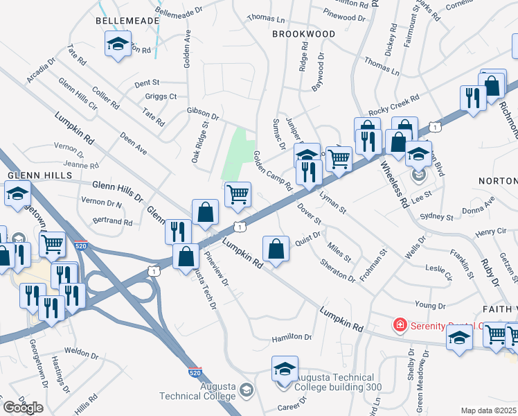 map of restaurants, bars, coffee shops, grocery stores, and more near 3073 Deans Bridge Road in Augusta