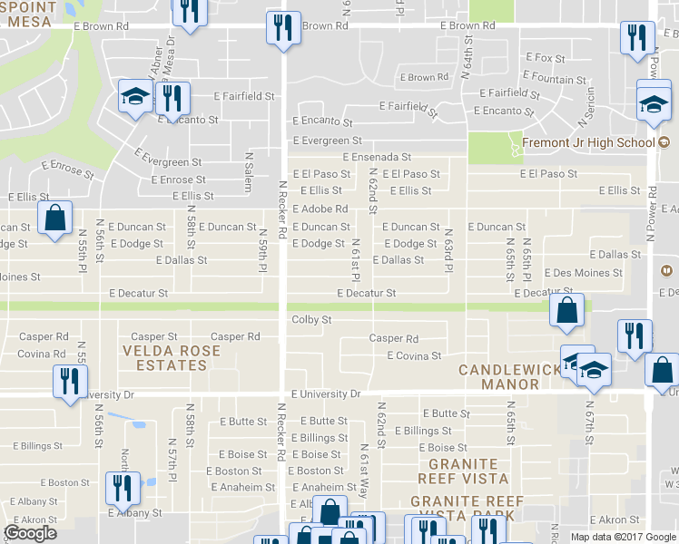 map of restaurants, bars, coffee shops, grocery stores, and more near 6114 East Des Moines Street in Mesa