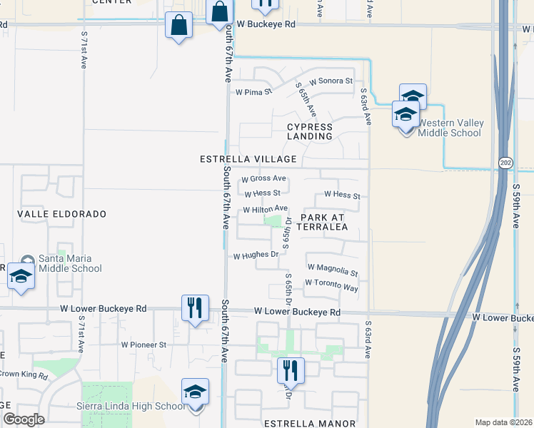 map of restaurants, bars, coffee shops, grocery stores, and more near 6537 West Hilton Avenue in Phoenix