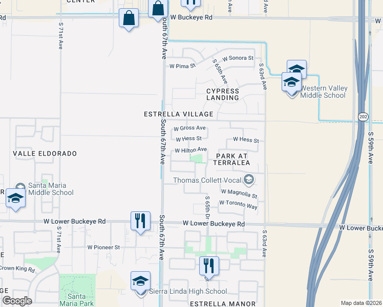 map of restaurants, bars, coffee shops, grocery stores, and more near 6537 West Hilton Avenue in Phoenix