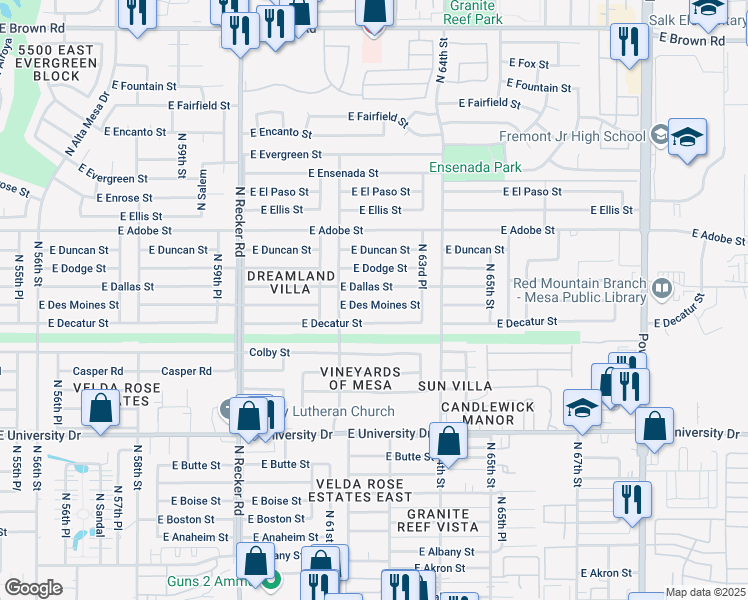 map of restaurants, bars, coffee shops, grocery stores, and more near 6250 East Des Moines Street in Mesa