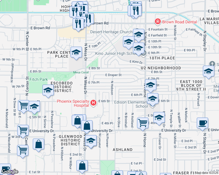 map of restaurants, bars, coffee shops, grocery stores, and more near 572 East Royal Palms Drive in Mesa