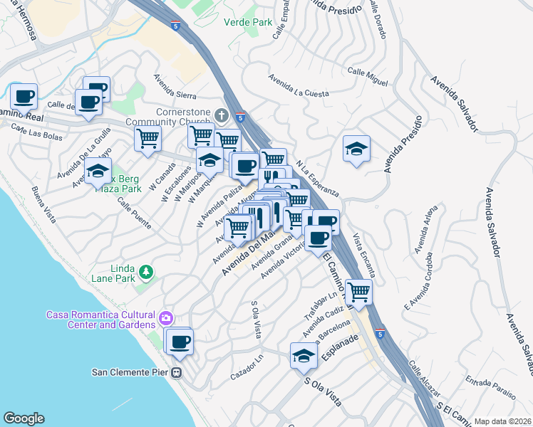 map of restaurants, bars, coffee shops, grocery stores, and more near 137 Avenida Serra in San Clemente