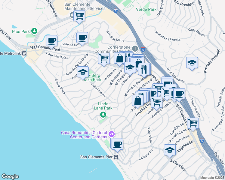map of restaurants, bars, coffee shops, grocery stores, and more near 152 West Mariposa in San Clemente