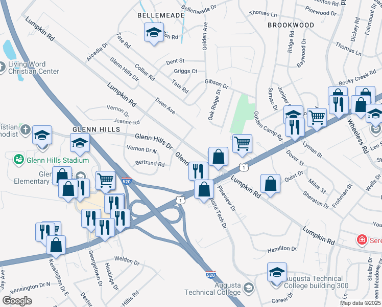 map of restaurants, bars, coffee shops, grocery stores, and more near 2616 Lumpkin Road in Augusta