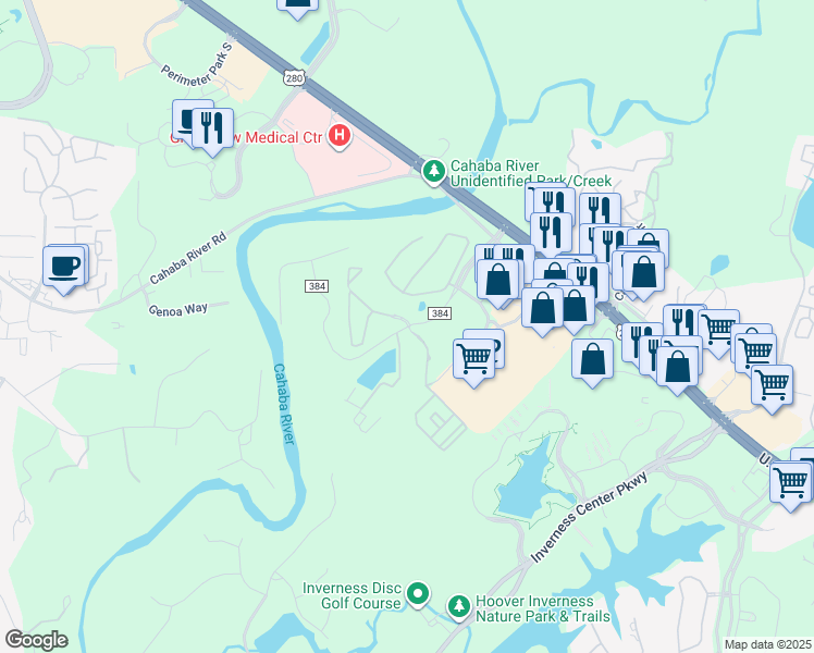 map of restaurants, bars, coffee shops, grocery stores, and more near 3604 Charleston Lane in Vestavia Hills