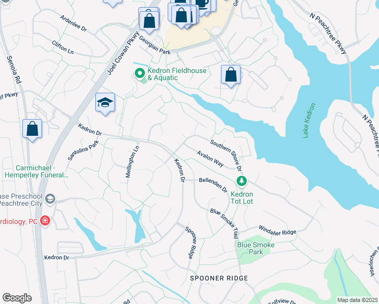 map of restaurants, bars, coffee shops, grocery stores, and more near 727 Avalon Way in Peachtree City